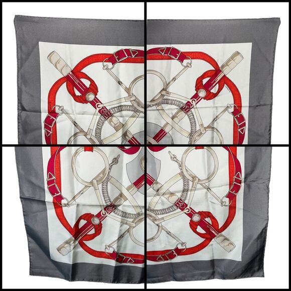 HERMES Carre "Eperon d’or" Silk Gray White Red 100% Silk Scarf 90cm Square - Picture 2 of 16